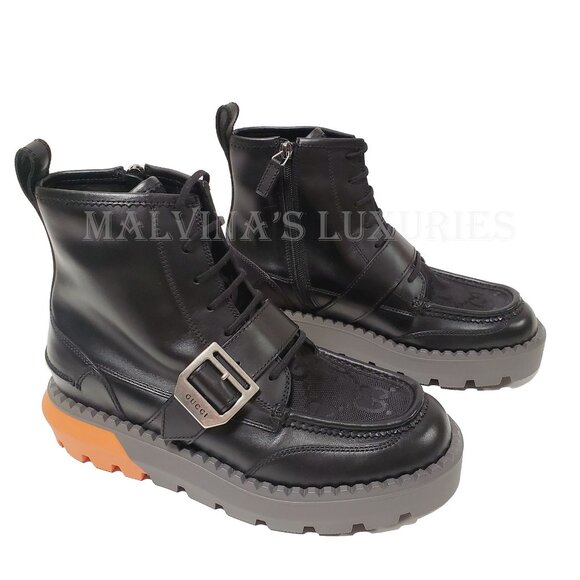 GUCCI BOOTS MENS GG LOGO CANVAS BLACK LEATHER LACE UP ANKLE sz 8 8.5 US - Picture 7 of 16
